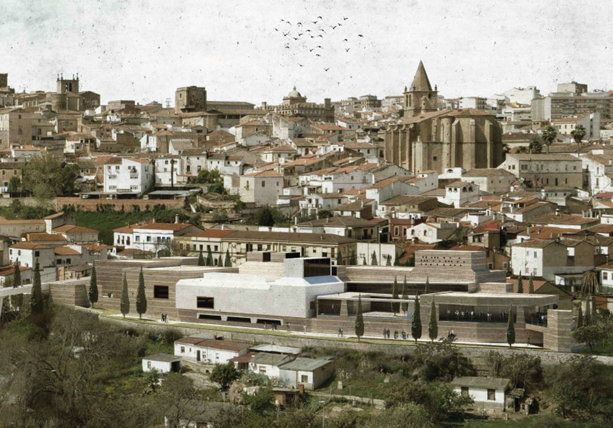 Recreación virtual del edificio del Museo del Madruelo integrado en la Ribera del Marco, con la Ciudad Monumental al fondo.