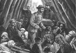 Alfonso XII, con el doctor Camisón, visitando a heridos en el terremoto de Granada de 1884.