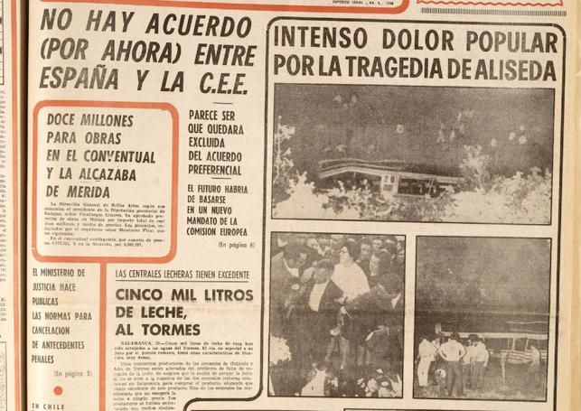 El accidente de Aliseda en la portada del 27 de junio de 1972. Murieron 21 personas.