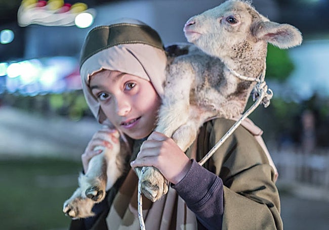 Un niño cargado con un borrego en la representación de La Bazana.