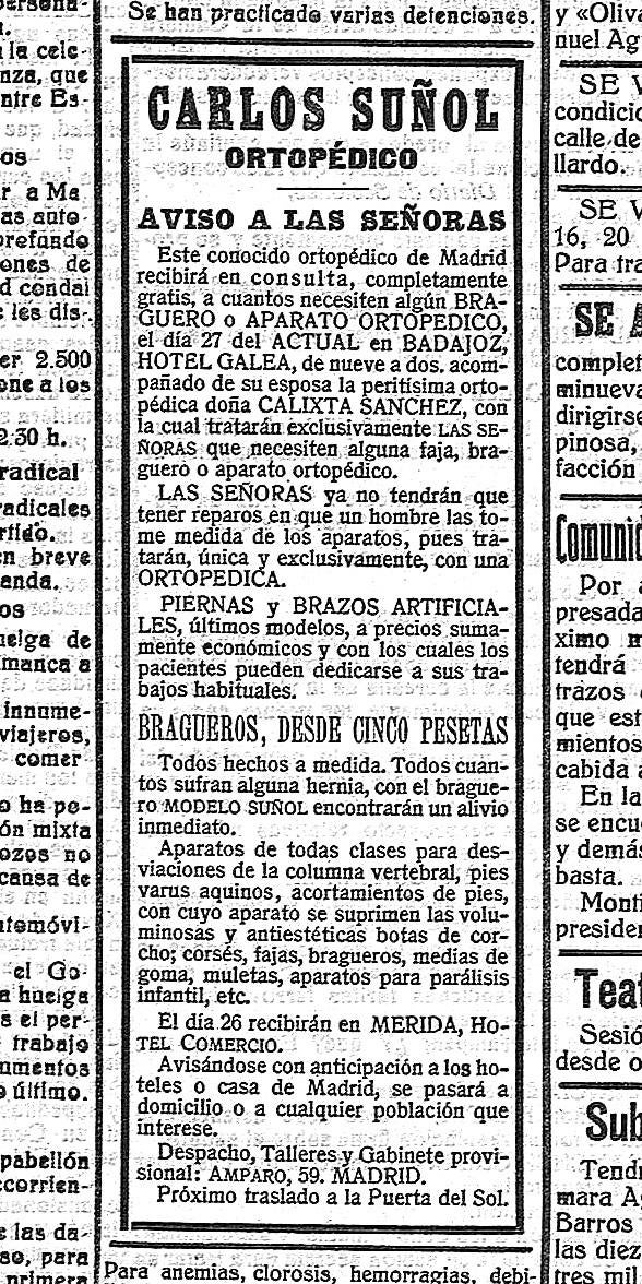 Anuncio de Carlos Suñol y Calixta Sánchez publicado en un ejemplar de ‘Correo de la Mañana’ de 1920.