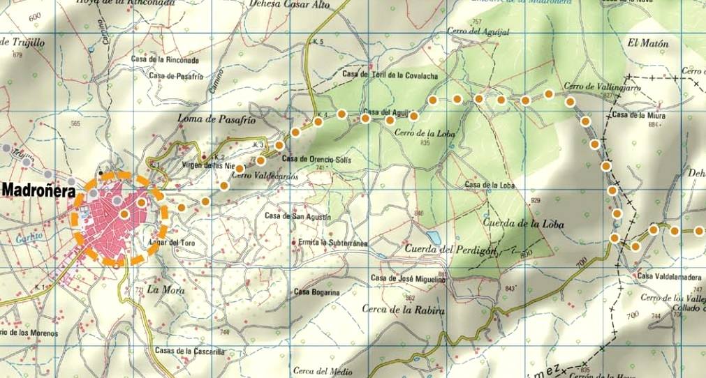 Mapa con la cuarta etapa del camino de Cáceres a Guadalupe, desde Madroñera a Garciaz.