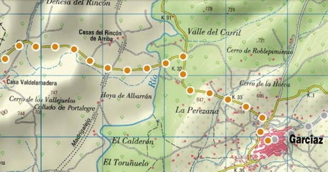 Mapa con la cuarta etapa del camino de Cáceres a Guadalupe, desde Madroñera a Garciaz.