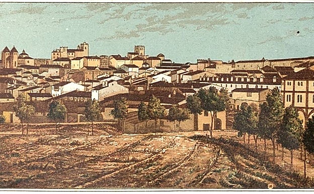 Cromolitografía de la localidad de Cáceres, a la derecha está la Plaza de Toros. 