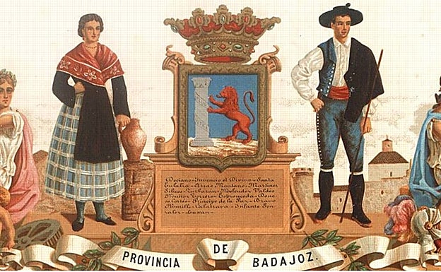 Escudo y traje típico de Badajoz. 