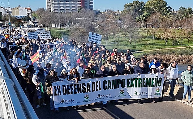 Cabecera de la manifestación desarrollada esta mañana en Mérida por parte de las organizaciones agrarias mayoritarias. 