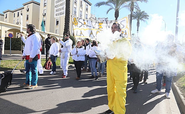 Presencia de apicultores en la protesta de esta mañana llegando a la avenida Fernández López. 