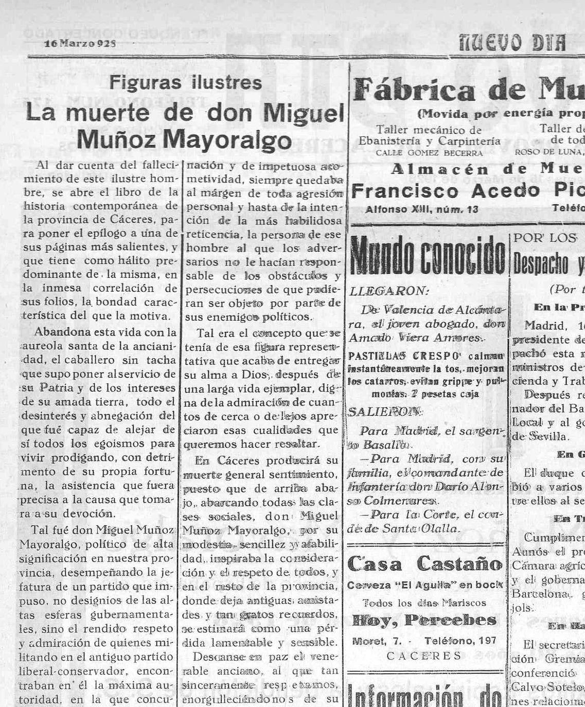 Noticia de la muerte de Miguel Muñoz Mayoralgo en marzo de 1928 en su casa-palacio de la Plaza de Santa María.