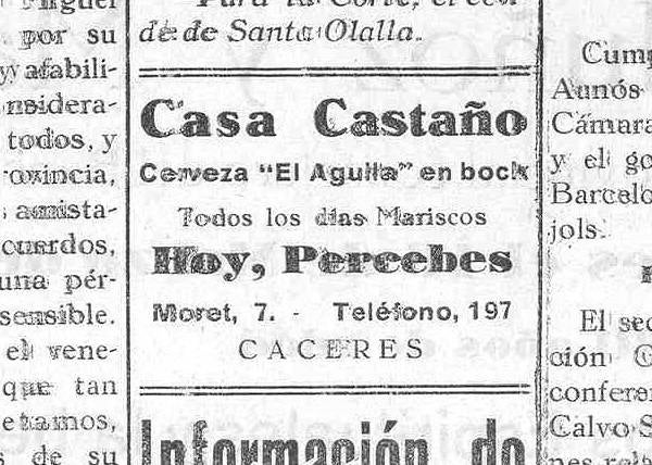 Publicidad de la Casa Castaño, en la calle Moret 7, que tenía percebes en 1928