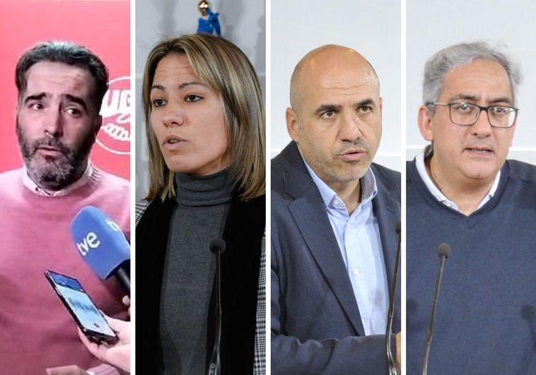 Portavoces de UGT, PP, PSOE y Unidas por Extremadura que han valorado los datos del paro junto a la Creex, CC OO y Vox.