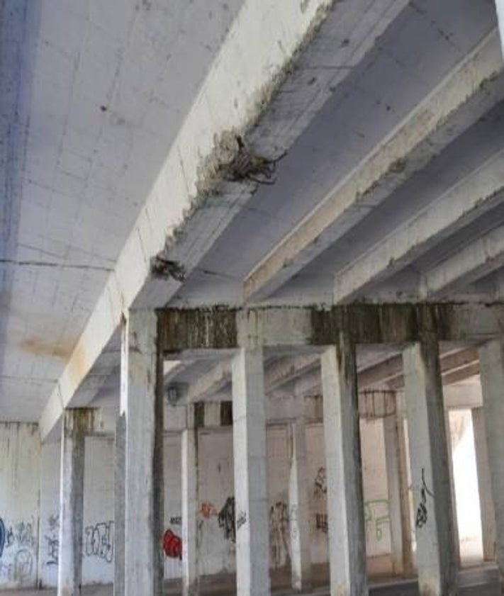 Imagen secundaria 2 - Imagen sobre el abandono del corredor urbano de la Ribera que aparece en el informe. Debajo, una parada de bus al aire libre y sin protección y el estado del puente de la Hispanidad, para el que piden un mayor mantenimiento.