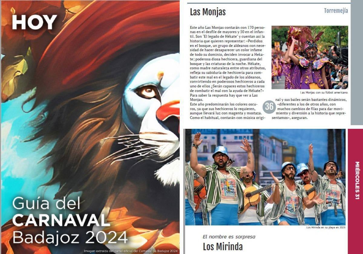 Portada y páginas interiores de la Guía de Carnaval de Badajoz 2024.