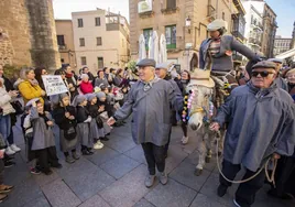 Imagen del desfile del año pasado, donde el burro camina guiado por los aguadores por el centro de Cáceres con el pelele a cuestas.