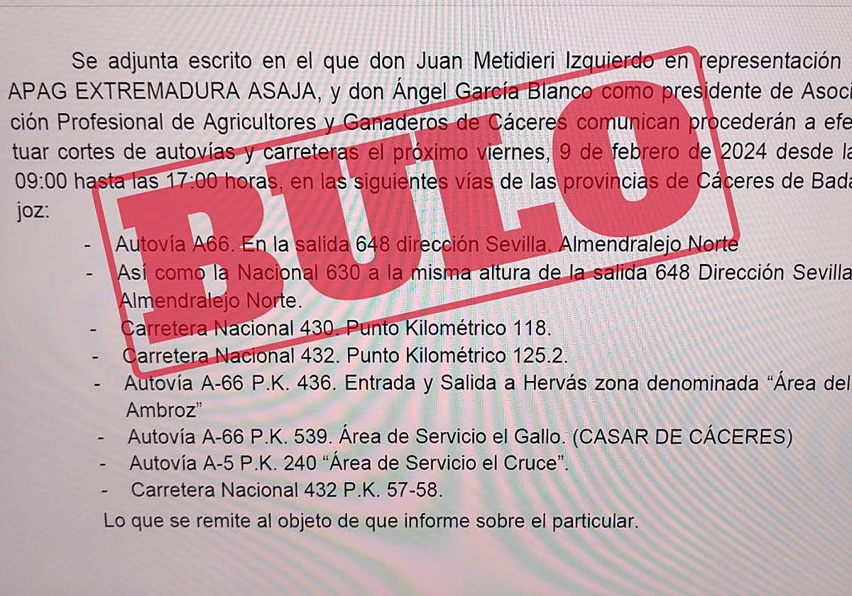 #StopBulos: Los agricultores no han convocado cortes en las autovías extremeñas este viernes