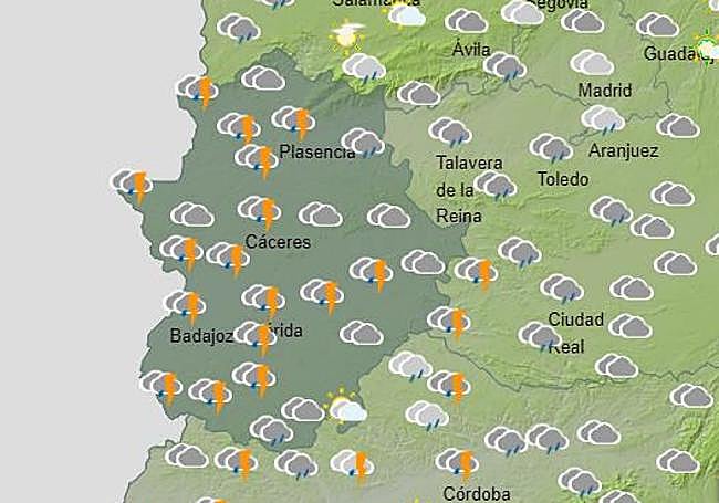 Previsión de la Aemet para las 12.00 horas de este jueves.
