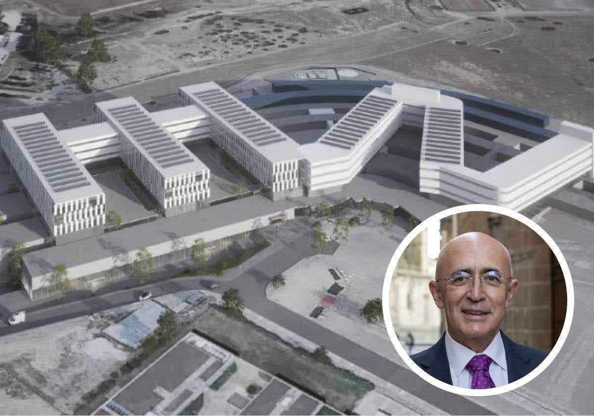 Simulación del Hospital Universitario finalizado, con la segunda fase a la izquierda, aún con la obra sin empezar. A la derecha, el presidente del Colegio de Médicos.