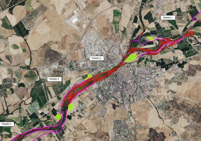 Los tramos en los que se divide el río a su paso por Badajoz.