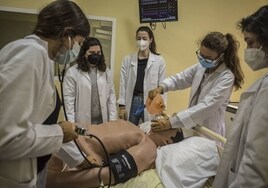 Alumnos de la Facultad de Medicina de la UEx durante una clase práctica.