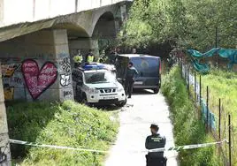 Agentes de la Guardia Civil y la Policía Nacional, con la furgoneta que trasladó el cuerpo de FernandoZamora, en el puente Adolfo Suárez.