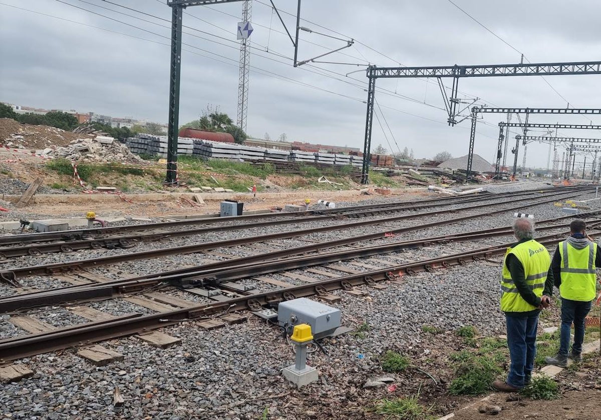 Zona de obras en la estación de Mérida, en la salida hacia Badajoz, Cáceres y Sevilla.