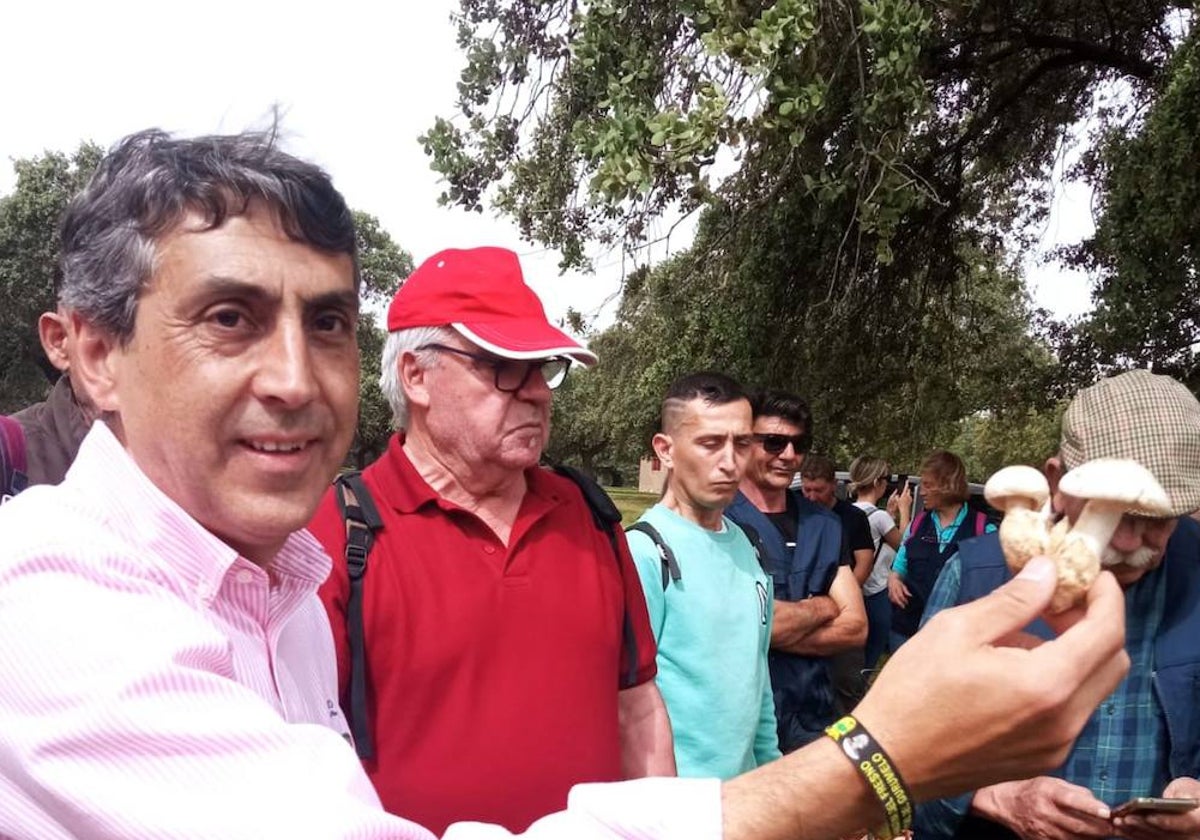 Jesús Crespo este año durante la Feria del Gurumelo con una Amanita verna en la mano para explicar cómo distinguirla.