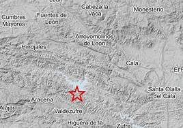 La estrella roja marca el lugar del epicentro del temblor, próximo a la provincia de Badajoz.