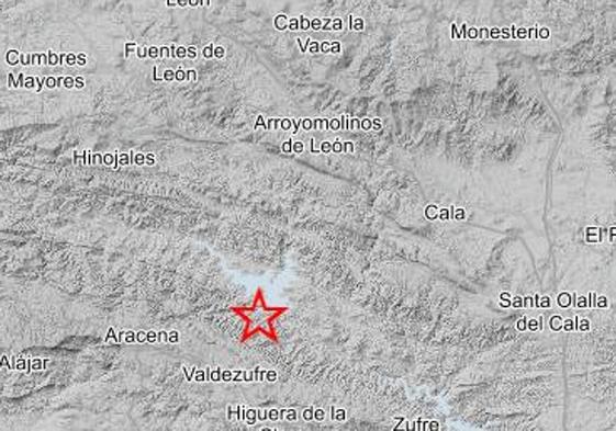 La estrella roja marca el lugar del epicentro del temblor, próximo a la provincia de Badajoz.