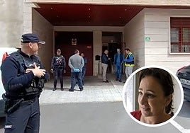 Agentes de la Policía Nacional delante del portal número 3 de la calle América. En el círculo, Carmen Tejero.