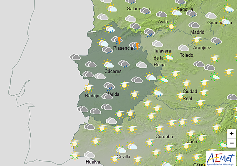 A qué horas y dónde prevé la Aemet que llueva este domingo en Extremadura