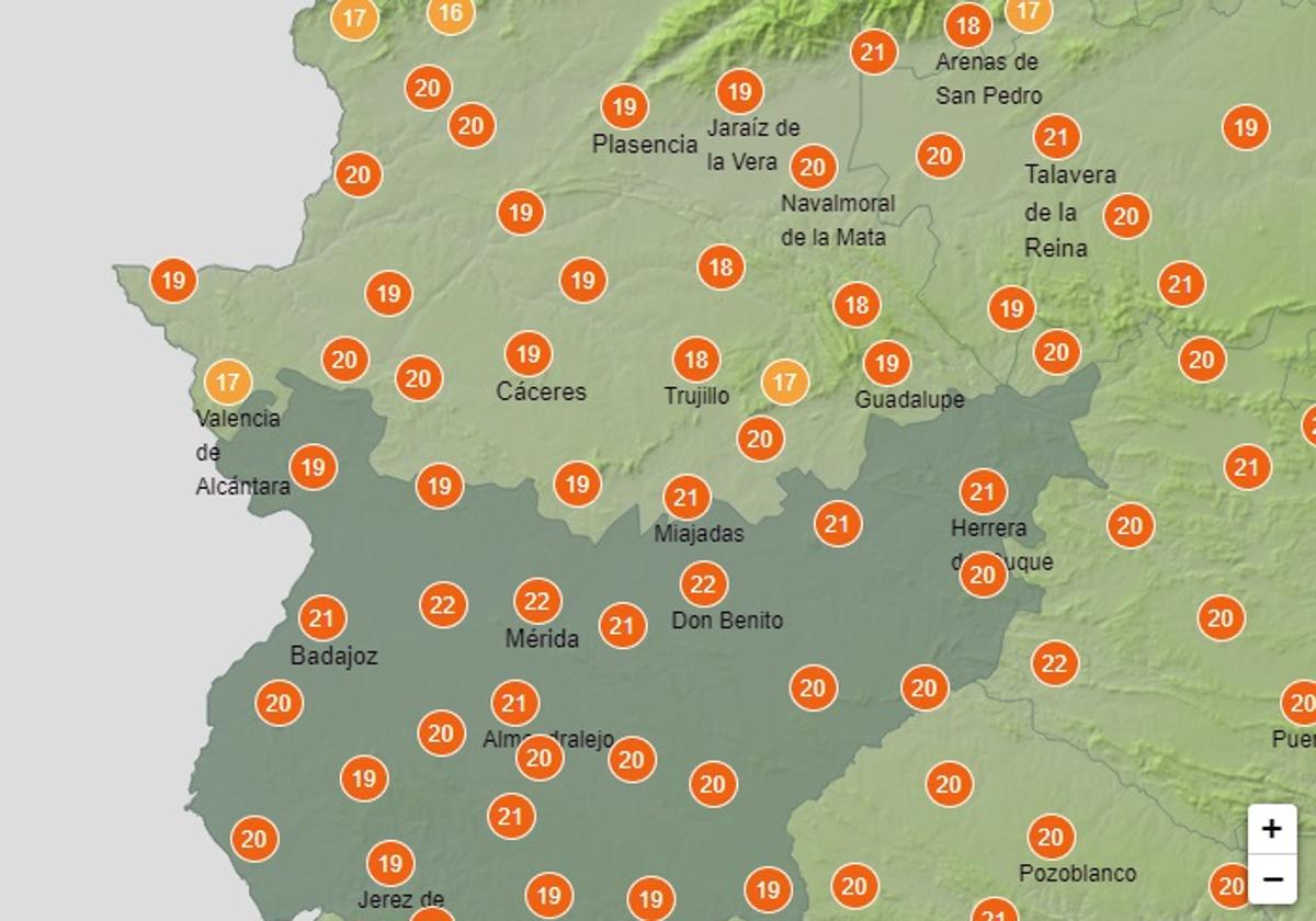 Previsión de máximas a las 16:00 horas del martes.