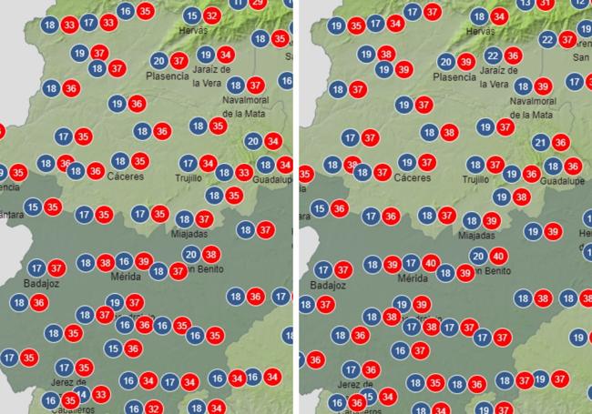 Temperaturas previstas para el miércoles y jueves, cuando está previsto que se alcancen las temperaturas más altas esta semana.