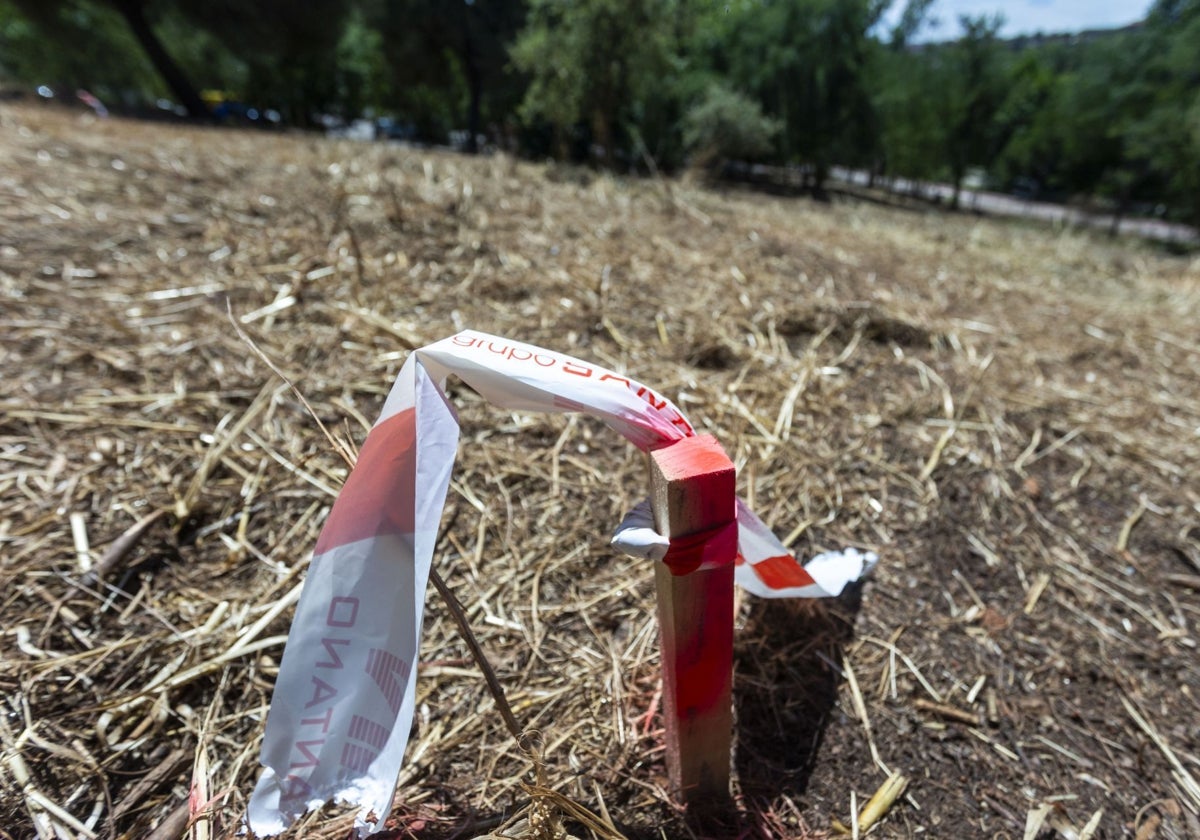 Uno de los pivotes de señalización con el anagrama de la constructora Santano.