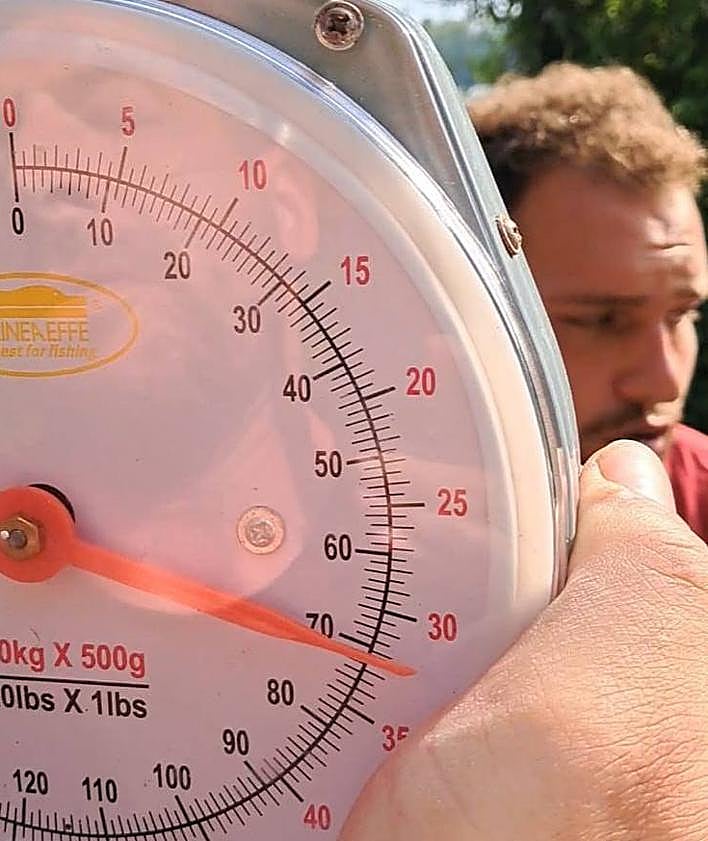 Imagen secundaria 2 - Arriba, Jairo Canchado y Alberto Cacho, con la carpa pescada. Abajo, Alberto Cacho, cogiéndola antes de ser pesada con una báscula.