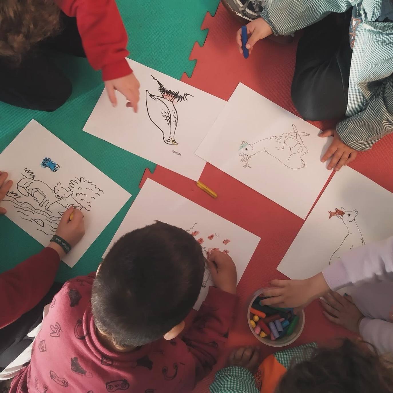 Alumnos colorean animales típicos de la región.