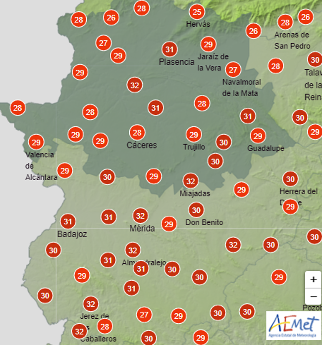 Temperaturas en Extremadura a las 00.00 horas del viernes