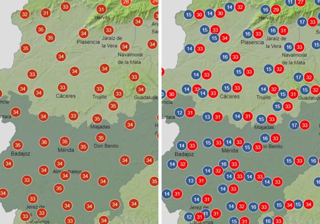 A la izquierda, temperaturas previstas para este sábado. A la derecha, valores para este domingo.