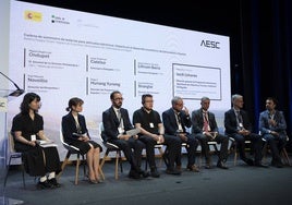 Asistentes a la mesa redonda sobre la cadena de suministro de baterías de litio para vehículos eléctricos: representantes de Shanghai Technology, Hunan Yuneng, Novolitio, Lithium Iberia, Catelsa y Ondupet, de izquierda a derecha.