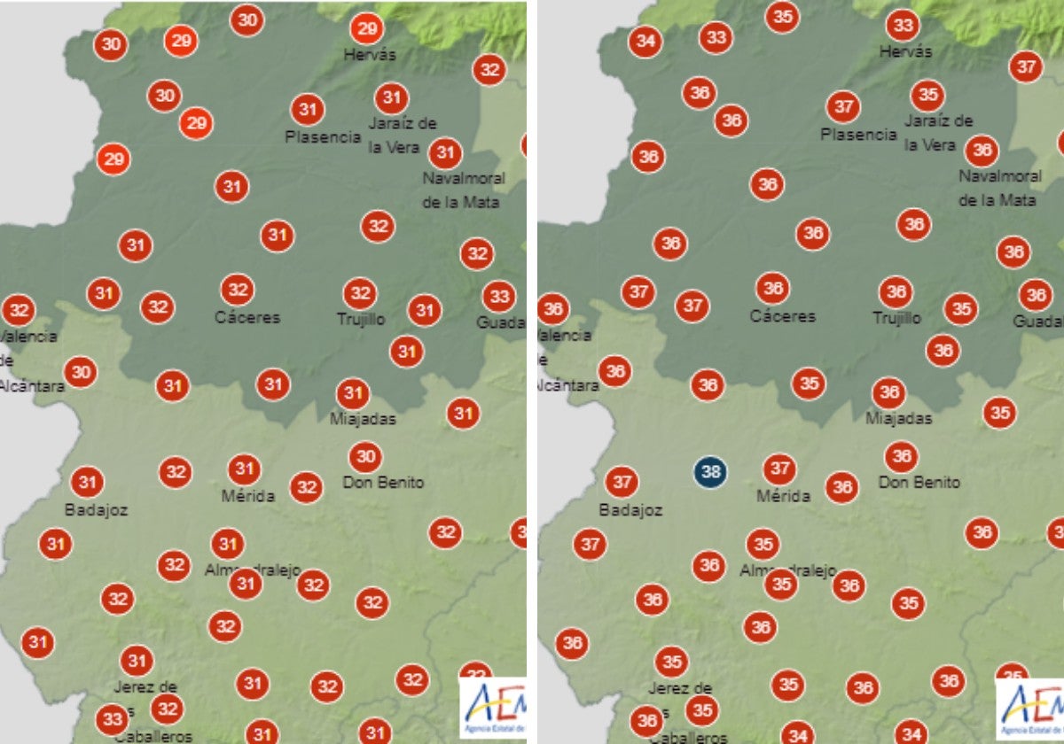 Evolución de las temperaturas en Extremadura este jueves entre las 12.00 y las 15.00 horas.