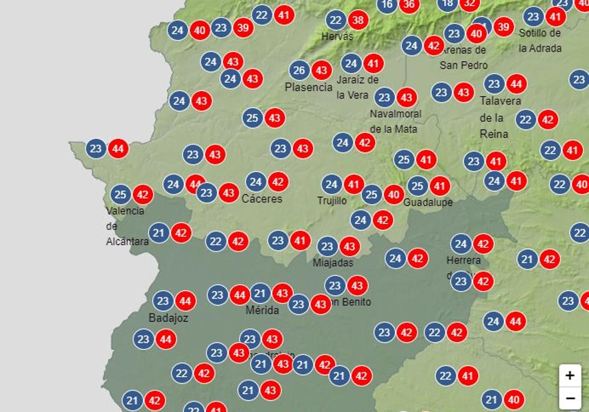 Previsión de temperaturas de la Aemet para el próximo miércoles.