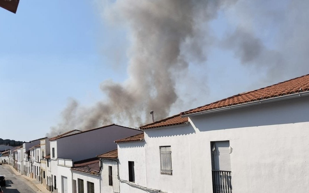 Columna de humo del incendio forestal registrado en el término municipal pacense de Puebla del Maestre