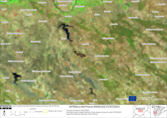 Perímetro sobre imagen Sentinel-3 de Copernicus del día 27/07/2024