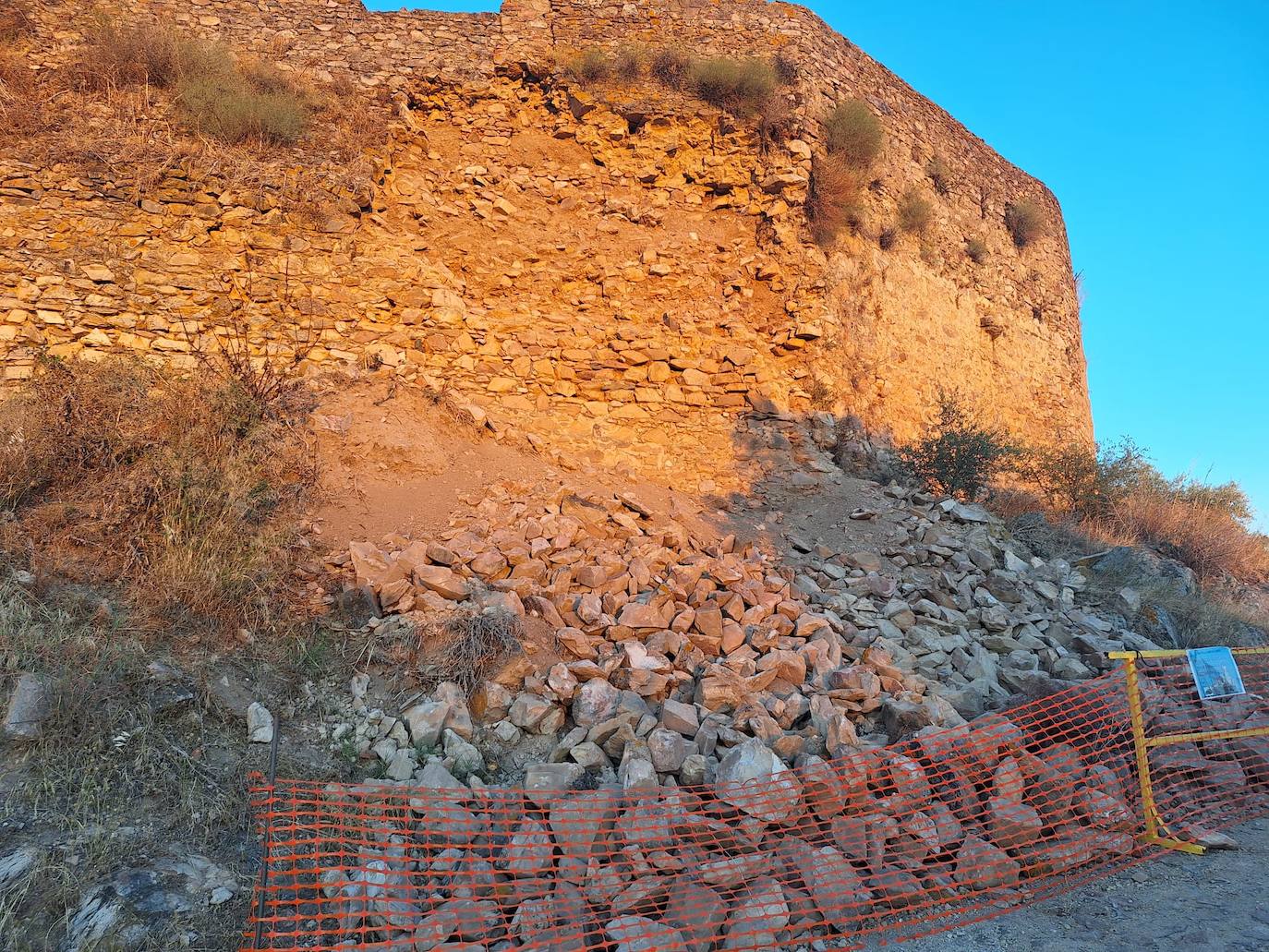 Imagen principal - Arriba y a la izquierda estado en que se halla el lienzo de muralla derrumbado. A la derecha, higuera brava que ha crecido en otro tramo de la muralla y que sigue deteriorándola.