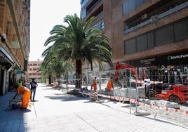 Trabajadores en la obra de la nueva calle peatonal, Rodriguez Moñino, con las palemeras en el centro de la plataforma única.