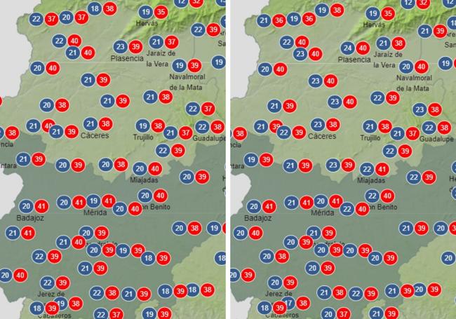 Temperaturas previstas para el sábado (izquierda) y el domingo (derecha).