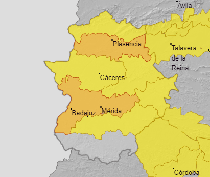 Mapa de alertas en Extremadura.