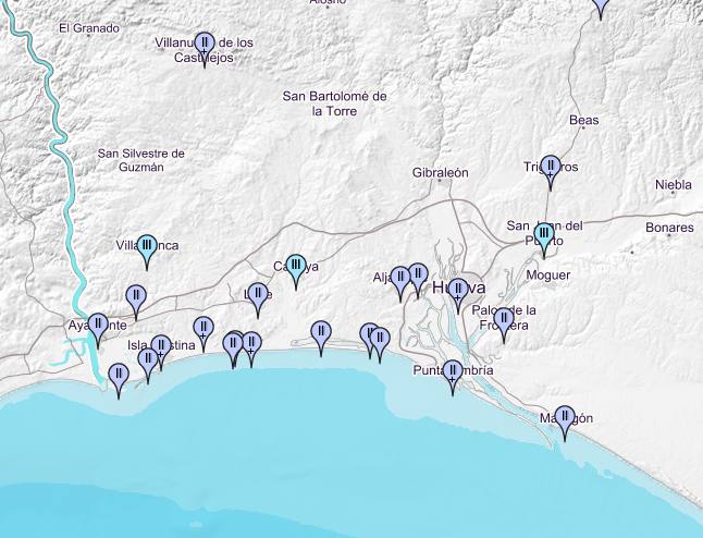Mapa de intensidades en Huelva.