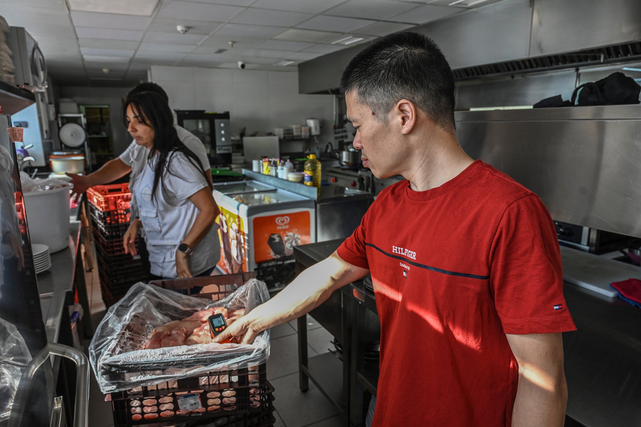 Liguang Yan toma la temperatura a los pollos que llegaron ayer a su local.