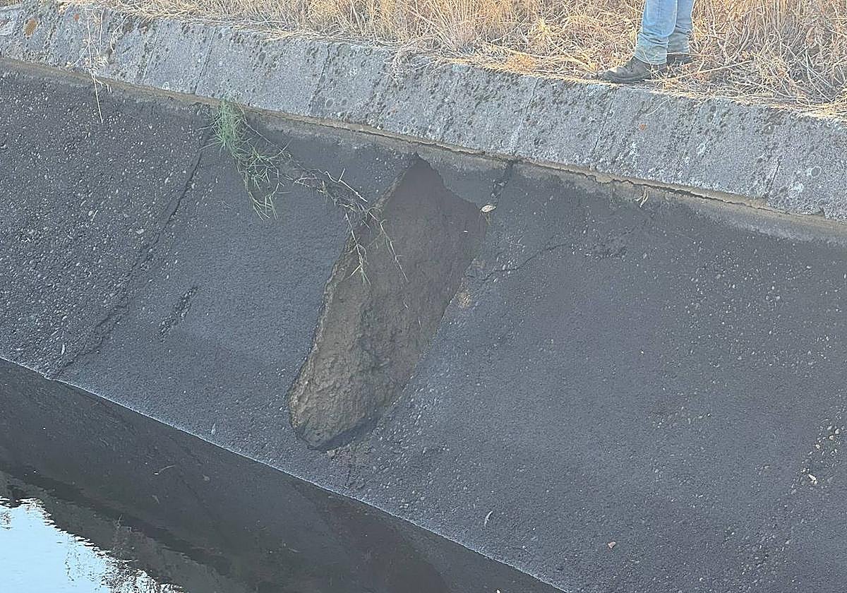 Detalle de la avería en uno de los canales secundarios de Orellana.