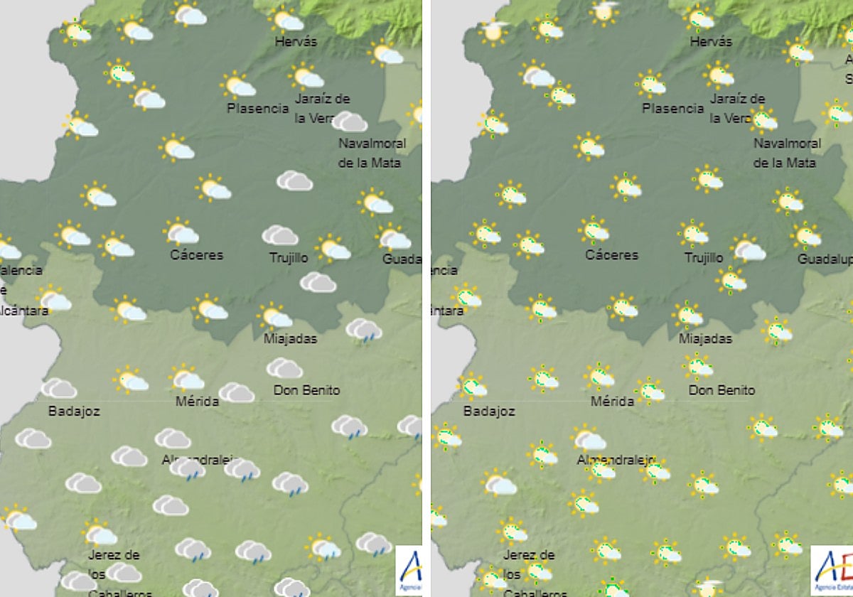 Evolución del tiempo en los tramos de 6-12 horas y de 18-24 horas durante el domingo.
