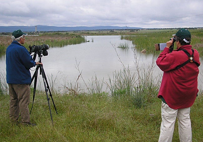Aficionados a la ornitología observan aves en la ZEPA de Arrocampo.